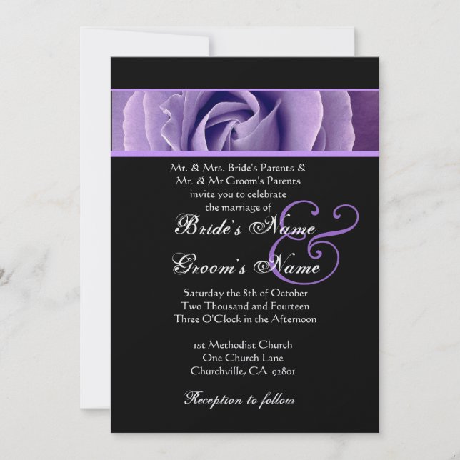 Iris-lila Rosen-und Schwarz-Hintergrund-Hochzeit Einladung (Vorderseite)