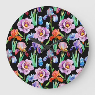 Iris Peony Watercolor Floral Pattern Große Wanduhr