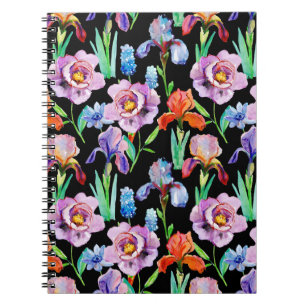 Iris-Pfingstrose-Wasserfarben-Blumenmuster Notizblock
