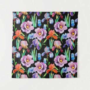 Iris-Pfingstrose-Wasserfarben-Blumenmuster Wandteppich