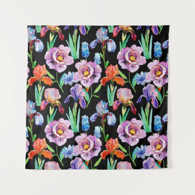 Iris-Pfingstrose-Wasserfarben-Blumenmuster Wandteppich (Vorderseite)