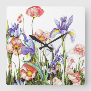 Iris & Poppy Blume Aquarell Blütenfarben Quadratische Wanduhr