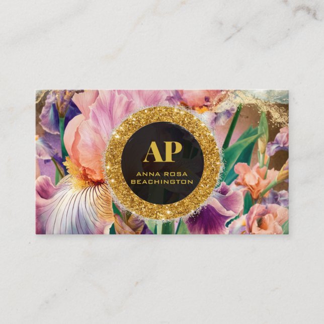 *~ Iris QR Pink AP10 Blume Gold Business Card Visitenkarte (Vorderseite)