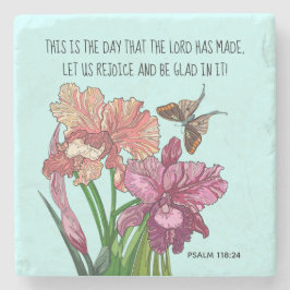 Iris und Schmetterling mit Vers von Psalm 118:24 Steinuntersetzer