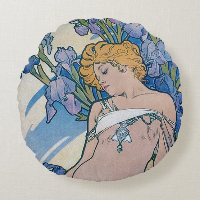 Iris (vier Blume), Alphonse Mucha Throw Kissen (Vorderseite)