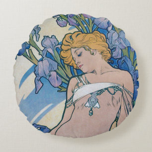 Iris (Vier Blumen), Alphonse Mucha Kissenbezug Rundes Kissen