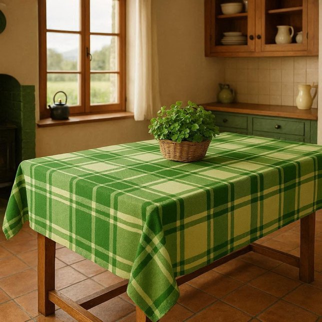 Irisch Grün-Weiß Kariert  Tischdecke (An Irish-inspired kitchen featuring a green plaid tablecloth and a basket of shamrocks)