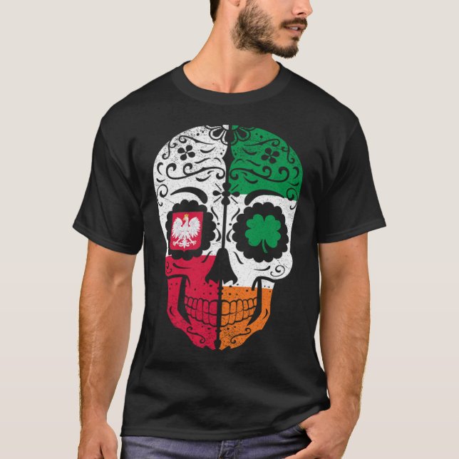 Irisch Polnischer Zucker Skull Irland Polen Flagge T-Shirt (Vorderseite)
