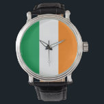 Irische Flagge Armbanduhr<br><div class="desc">Die irische Flagge ist ein vertikales Triband. Die verwendeten Farben in der Flagge sind grün,  weiß,  orange. Der Anteil der irischen Flagge beträgt 1:2. Die irische Flagge wurde 1919 adoptiert.</div>