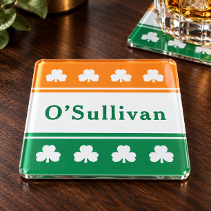 Irische Flagge Shamrock-Monogramm Familienname Glasuntersetzer