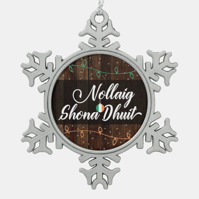 Irische gälische frohe Weihnachten Nollaig Shona Schneeflocken Zinn-Ornament (Vorderseite)