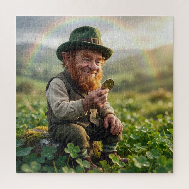 Irischer Leprechaun bewundert eine Goldmünze (Vertikal)