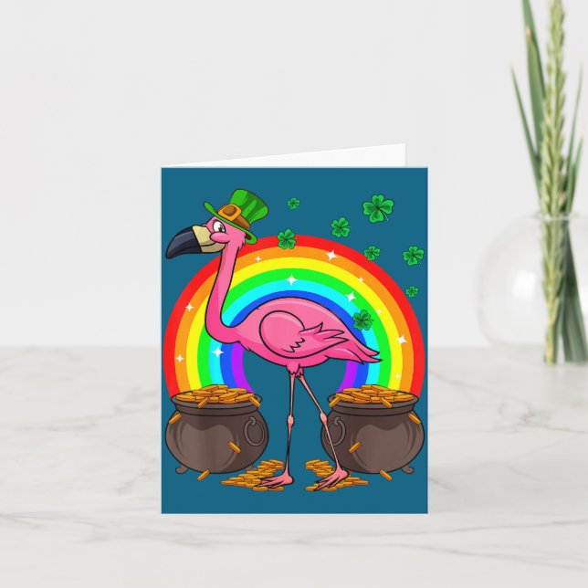 Irischer Leprechaun Flamingo Lustiger St. Patrick' Karte (Vorderseite)