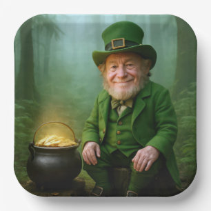 Irischer Leprechaun mit einem Goldtopf Pappteller