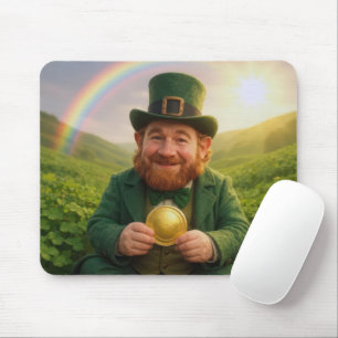 Irischer Leprechaun mit Goldmünze und Regenbogen Mousepad