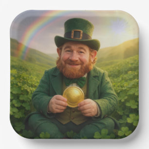 Irischer Leprechaun mit Goldmünze und Regenbogen Pappteller