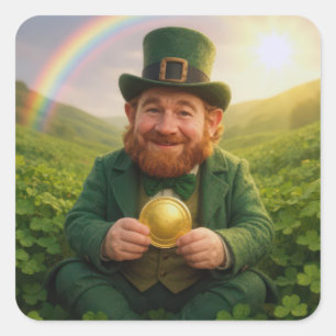 Irischer Leprechaun mit Goldmünze und Regenbogen Quadratischer Aufkleber