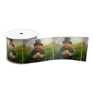 Irischer Leprechaun mit Goldmünze und Regenbogen Satinband