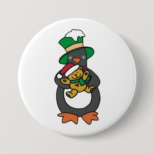 Irischer Pinguin hält Weihnachts-Teddybär Button (Vorderseite)