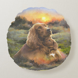 irischer Setter mit Welpe Rundes Kissen
