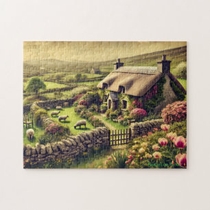 Irisches Cottage-Puzzle, Vintage-Landschaftsszene