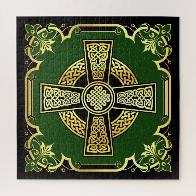 Irisches keltisches Kreuz/Schwarz/Gold/Grün/extrav (Vertikal)
