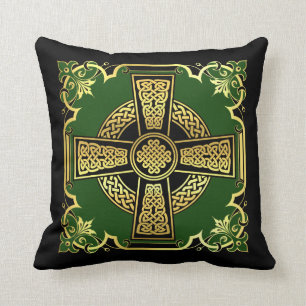 Irisches Keltisches Kreuz/Schwarz/Gold/grünes Kre Kissen