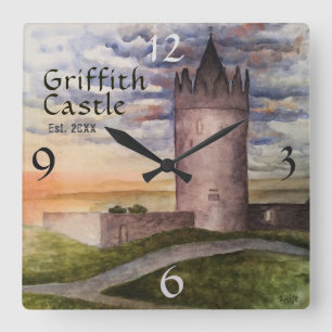 Irisches Schloss Aquarell Familienname Jahr Gegr. Quadratische Wanduhr