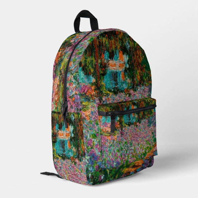 Irises Monet Garden Giverny Blume Bedruckter Rucksack (Rückseitige Ecke links)