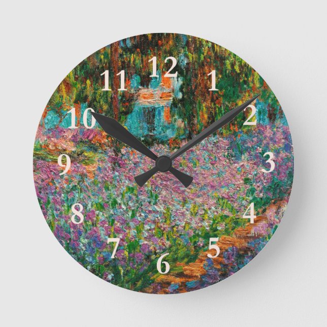 Irises Monet Garden Giverny Blume Runde Wanduhr (Vorderseite)