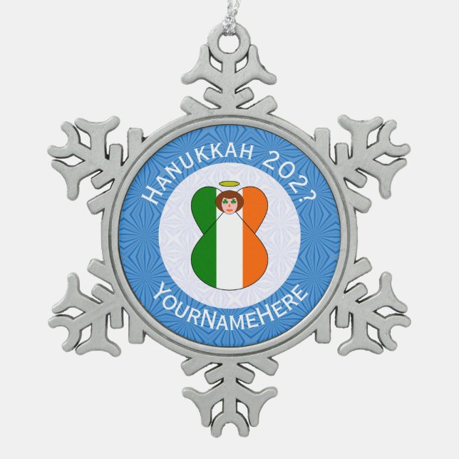Irish Angel Hanukkah Flag Personalisiert Schneeflocken Zinn-Ornament (Vorderseite)