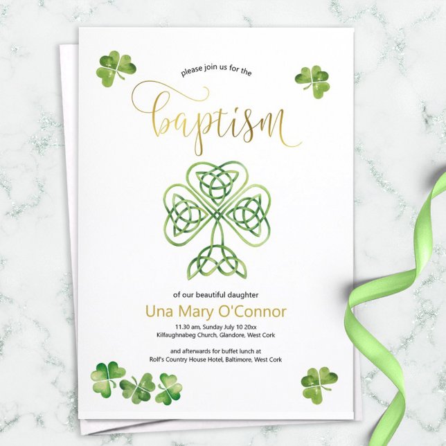 Irish Baby Baptisk Celtic Knot & Gold Script Einladung (Von Creator hochgeladen)
