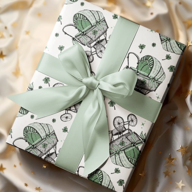 Irish Baby Carriage St Patrick's Day Baby Shower Geschenkpapier (Elegant Irish / St Patrick's Day Baby Shower Design. Irish Vintage Baby Carriage & Green Shamrocks.)