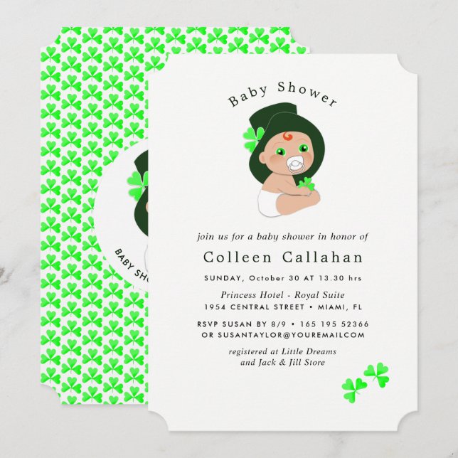 Irish Baby Leprechaun Lucky Kleeblatt Babydusche Einladung (Vorne/Hinten)