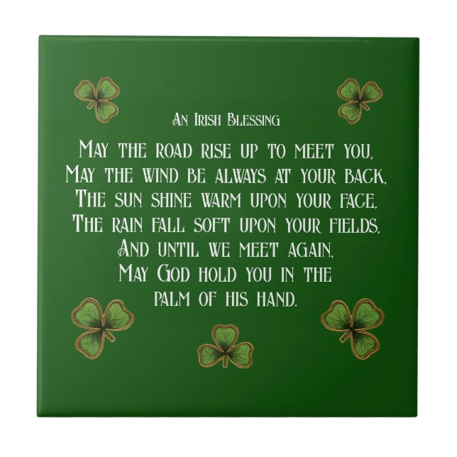 Irish Blessing and Shamrocks Dark Green Fliese (Vorderseite)