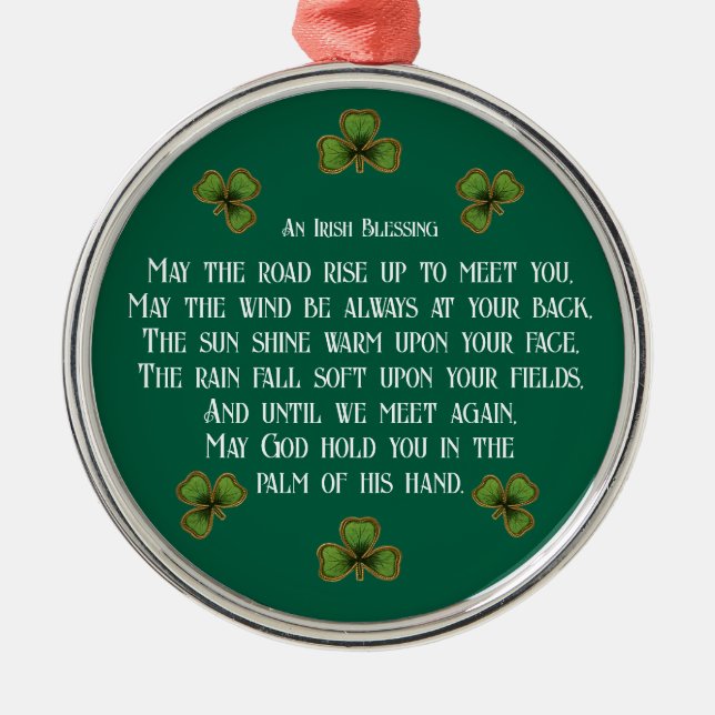 Irish Blessing and Shamrocks Green Typography Ornament Aus Metall (Vorne)