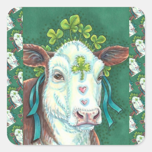 IRISH BRED ST. PATRICK'S DAHEIFER, KLEEBLATT COW QUADRATISCHER AUFKLEBER (Vorderseite)