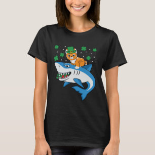 Irish Cat Riding Shark St Patricks Day Kleeblatt K T-Shirt