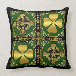 Irish Celtic cross/black/gold/green cross-Kleeblat Kissen