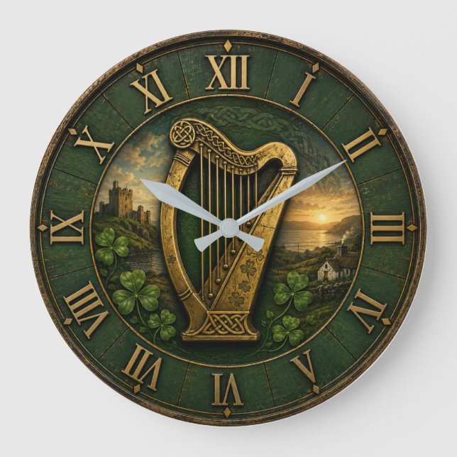 Irish Celtic Harp Große Wanduhr (Vorderseite)
