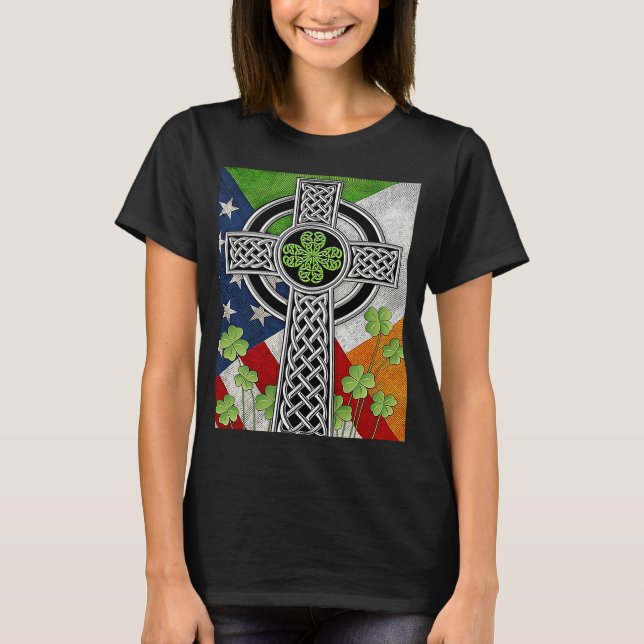 Irish Celtic Knot Cross American Flag USA T-Shirt (Vorderseite)
