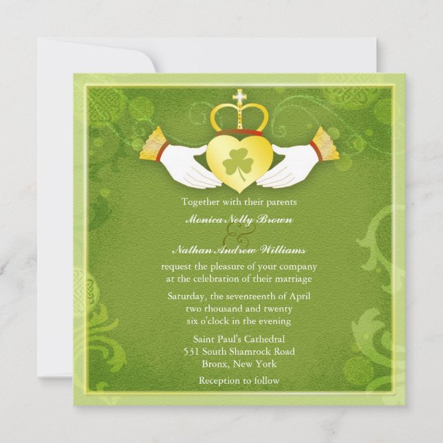 Irish Claddagh Heart Green Celtic Wedding Einladung (Vorderseite)