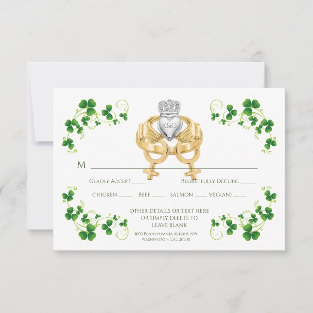 Irish Claddagh Ring und Kleeblätter RSVP Karte (Vorderseite)