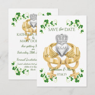 Irish Claddagh Ring und Kleeblätter Save The Date