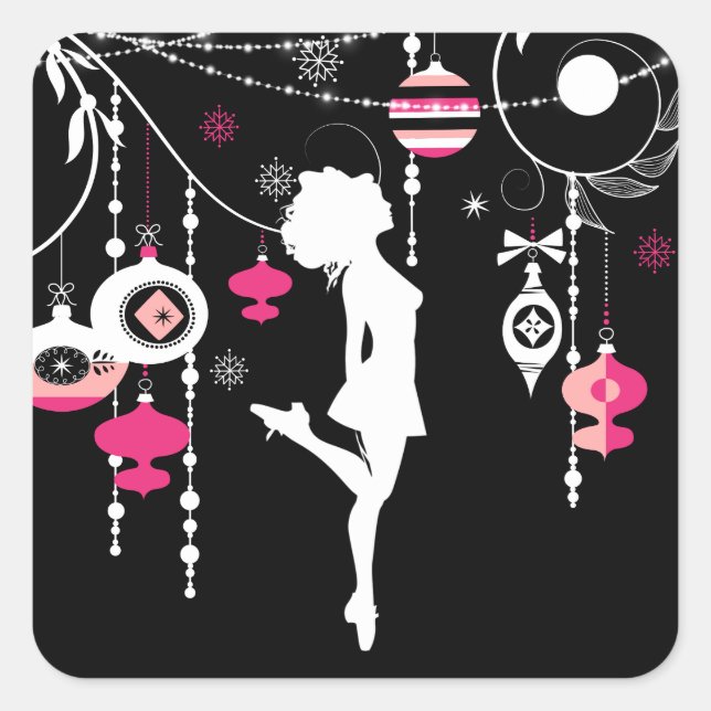 Irish Dance Christmas Ornaments Rosa und Schwarz Quadratischer Aufkleber (Vorderseite)