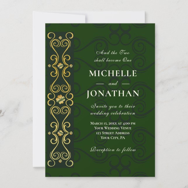 Irish Elegant Gold Artwork on Green Christlich Einladung (Vorderseite)