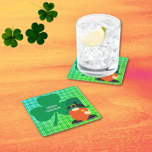 Irish Gnome Kleeblatt St Patricks Rechteckiger Pappuntersetzer (Irish Gnome Shamrock St Patrick's Square Paper Coaster)