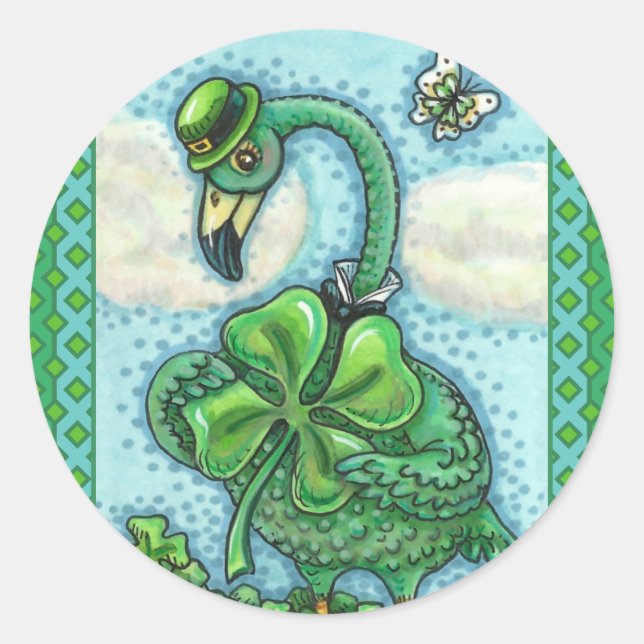 IRISH GREEN FLAMINGO, NIEDLICH GLÜCKLICH ST. PATRI RUNDER AUFKLEBER (Vorderseite)