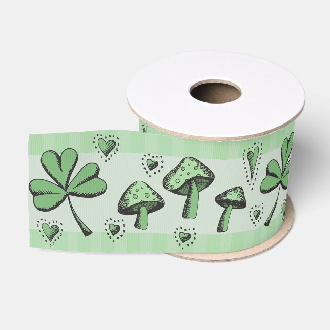 Irish Green Kleeblatts Hearts and Mushrooms 3" Gro Ripsband (Spule)