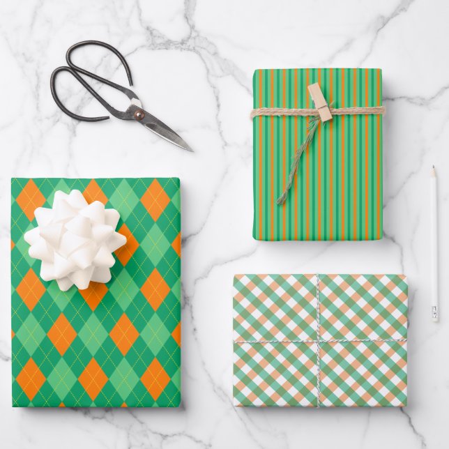 Irish Green & Orange St. Patrick's Day Patterns Geschenkpapier Set (Vorderseite)